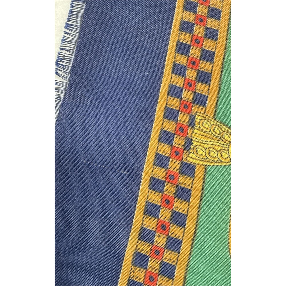 Equestrian Carriage Tassel Scarf Blue Gold Red Large 47x47 Square Vintage - Picture 4 of 7